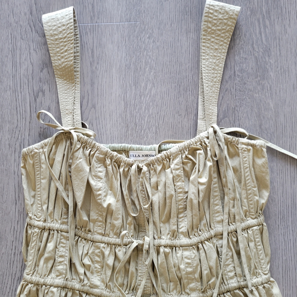 ULLA JOHNSON Lulu Beige Smocked Ruched Ruffle Tie Peplum Top Sz 6 Revolve Khaki - Picture 3 of 9